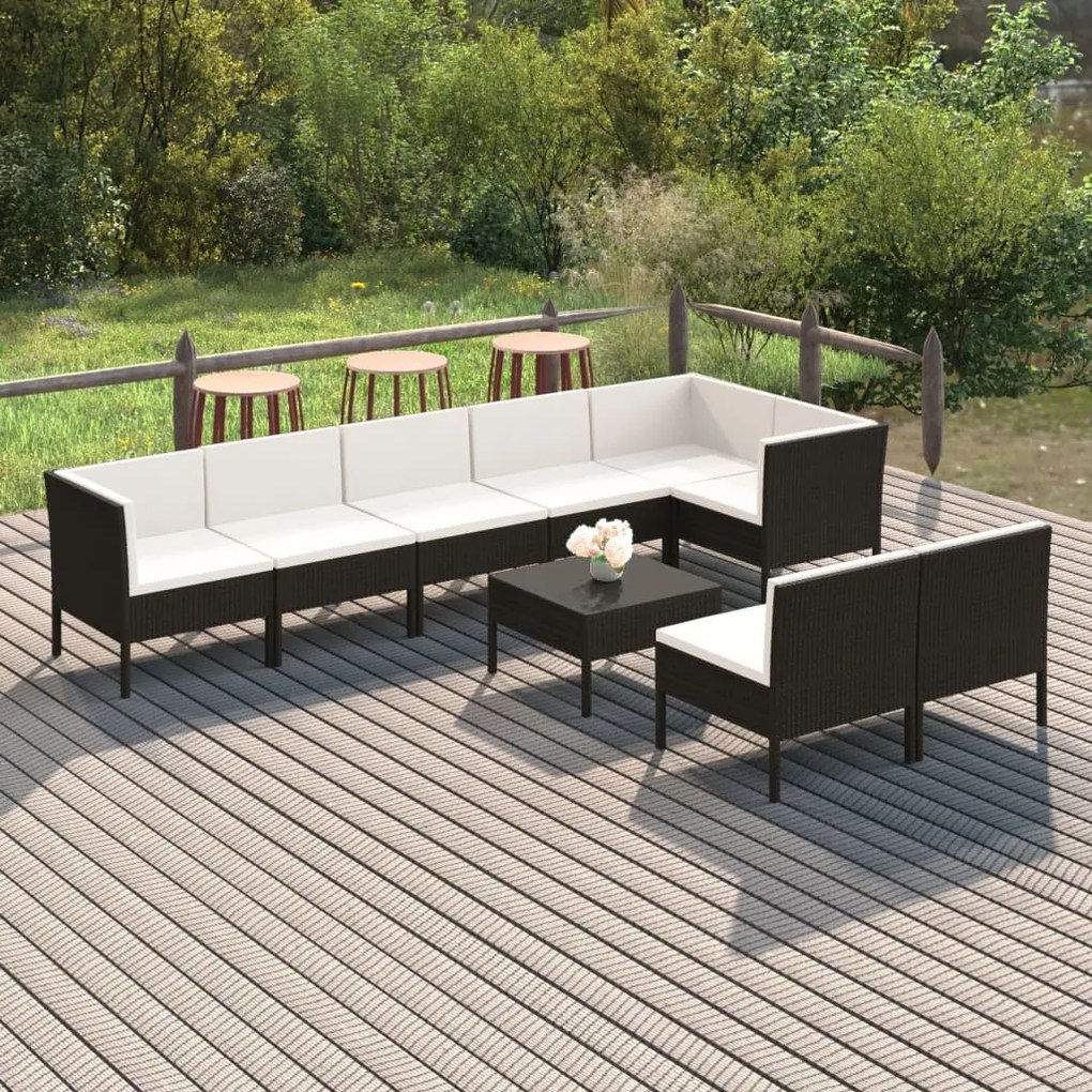 Set divani da giardino 9 pz con cuscini in polyrattan nero