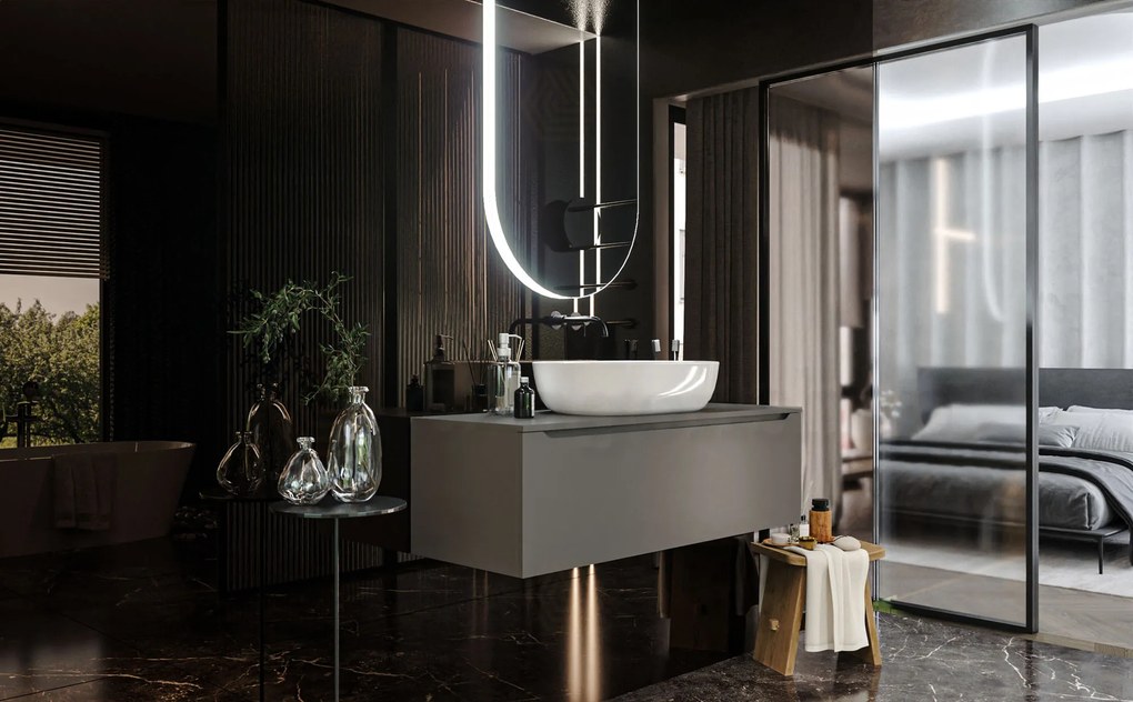 Mobile Bagno Grigio opaco 120x50 Amalfi Con Un Cassetto e Lavabo da appoggio in ceramica