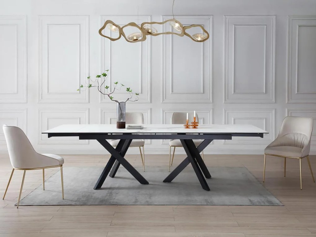 Tavolo da pranzo allungabile da 8 a 12 coperti Vetro temperato e Ceramica Effetto marmo Bianco e Nero - MARISO