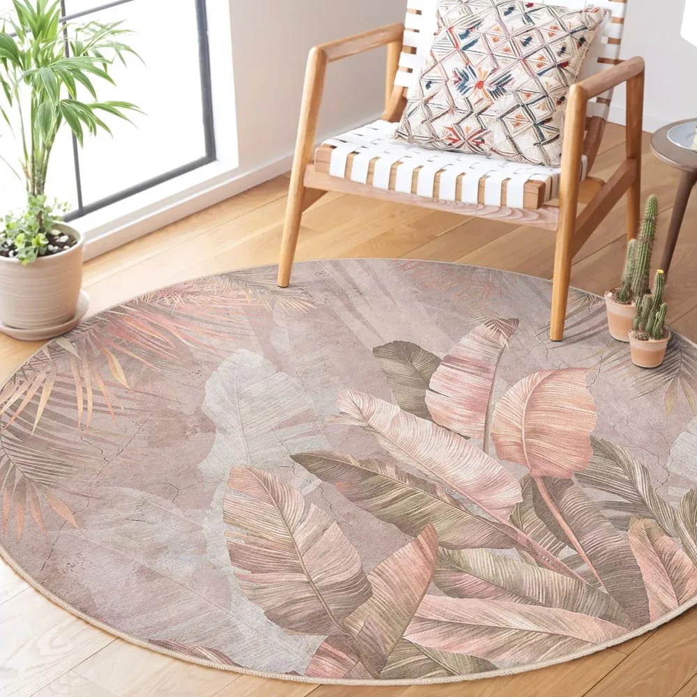 Tappeto rotondo in rosa chiaro lavabile ø 100 cm Dusty Leaves – Mila Home