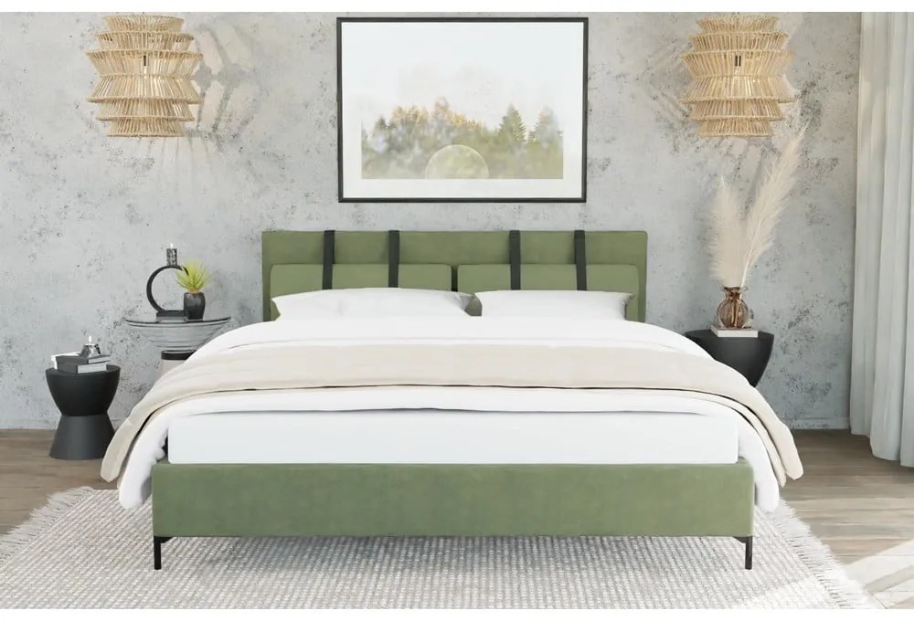 Letto matrimoniale imbottito verde con griglia 140x200 cm Tulsa - Ropez