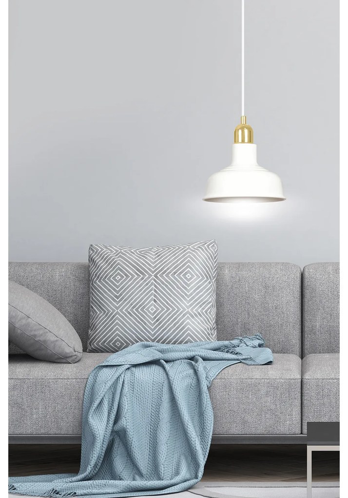 Sospensione Industrial 1 Luce Kubera In Acciaio Bianco Con Elementi In Oro