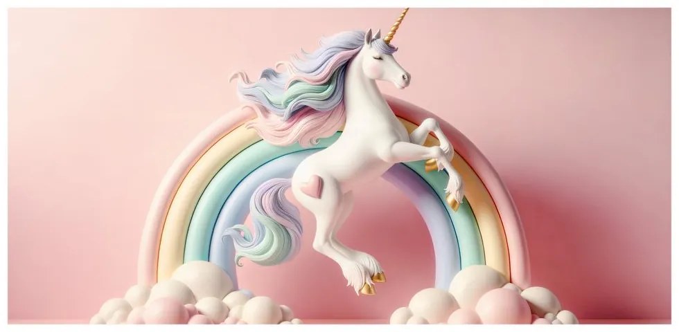 Quadro su tela – Unicorno fiabesco su arcobaleno pastello