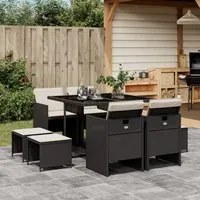 Set da Pranzo da Giardino 9 pz con Cuscini Nero in Polyrattan 3210594