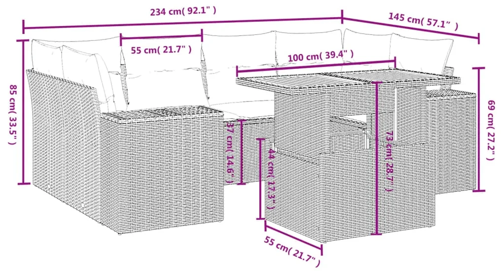 Set divani da giardino con cuscini 7pz nero polyrattan