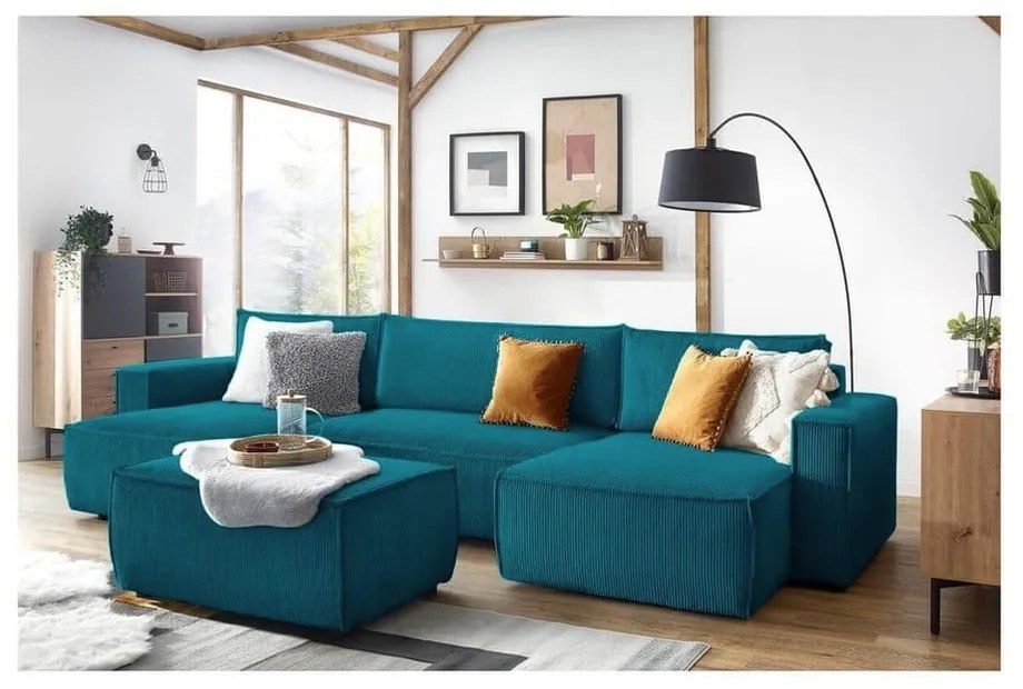 Poggiapiedi turchese con rivestimento in velluto a coste Nihad – Bobochic Paris