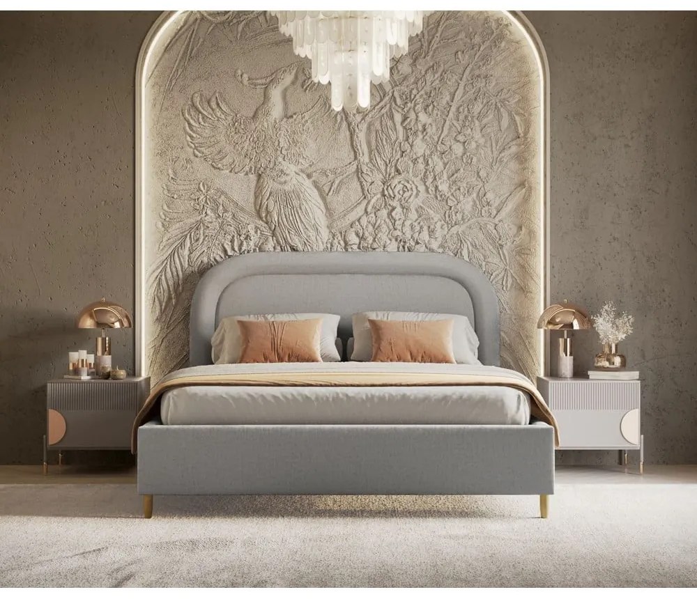 Letto matrimoniale imbottito grigio chiaro con spazio contenitivo e rete 160x200 cm Mija - Maison de Rêve