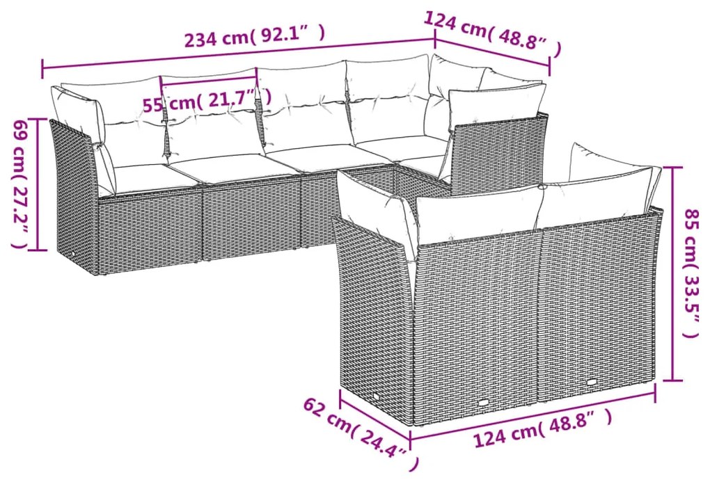 Set divani da giardino 7 pz con cuscini beige in polyrattan