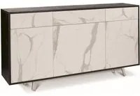 Madia Credenza mobile 3 ante e 3 cassetti con apertura push-pull 160x41x76H cm in kit colore Ossido nero e Marmo Calacatta