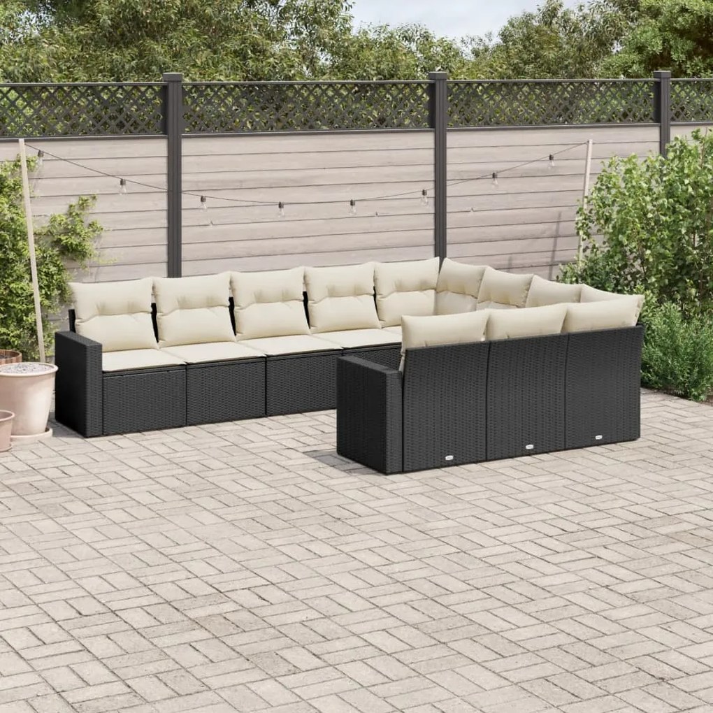 Set Divani da Giardino 10pz con Cuscini in Polyrattan Nero