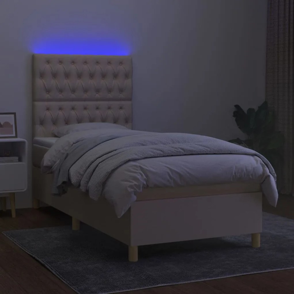 Letto a molle con materasso e led crema 90x190 cm in tessuto