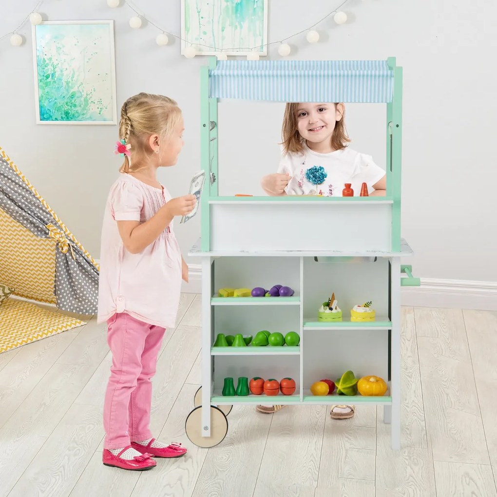 Costway Cucina giocattolo doppia faccia in legno, Set di cucina per bambini con telecomando e barre luminose a LED Verde