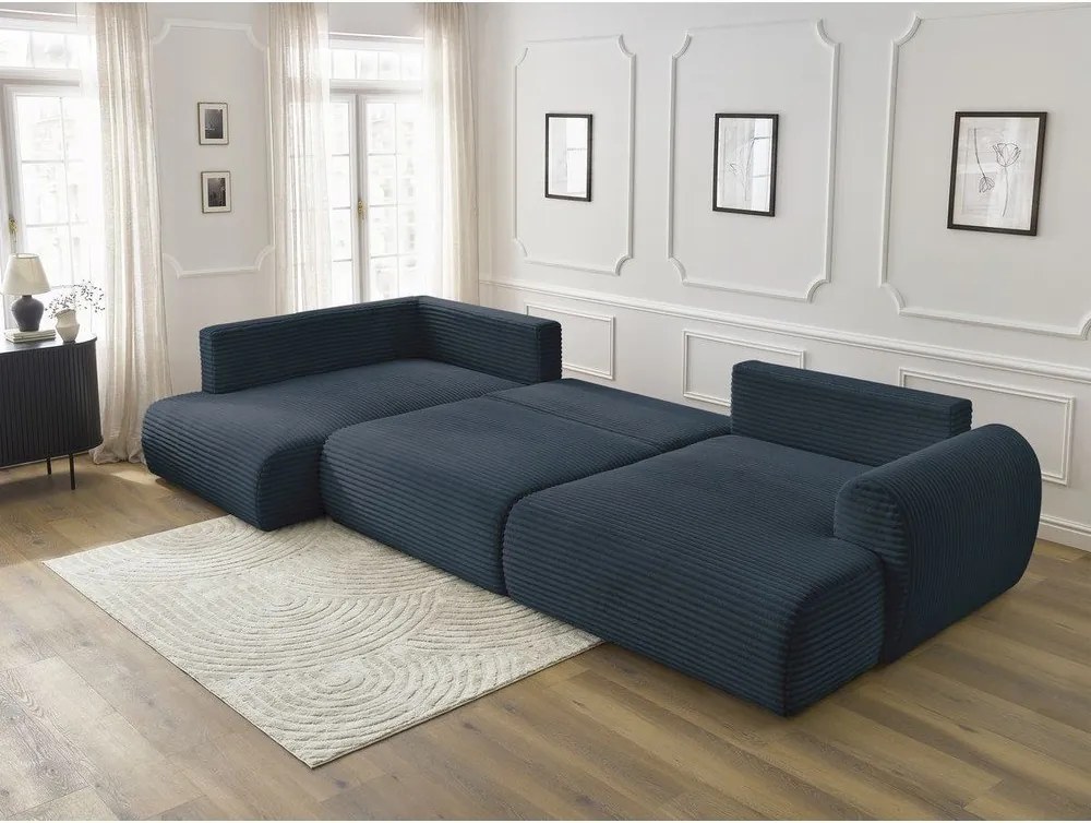 Divano angolare in blu scuro allungabile (con penisola a destra/a forma di "U") con rivestimento in velluto a coste Lucien – Bobochic Paris