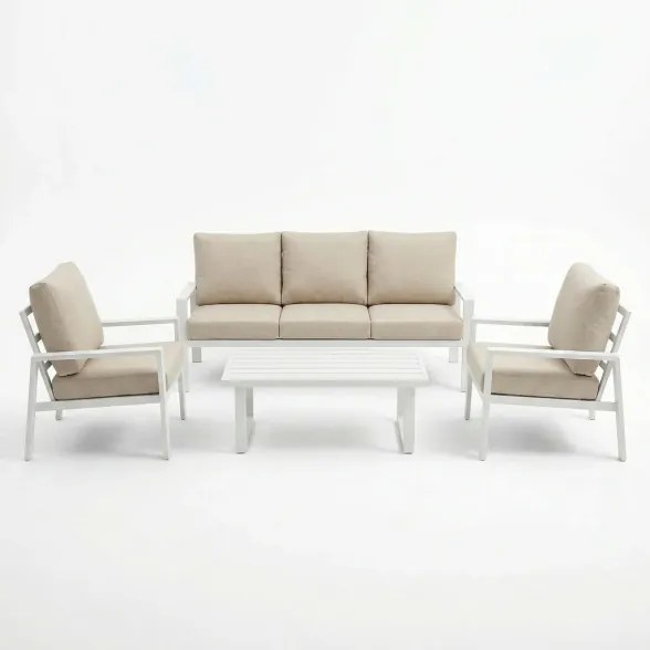 Set Salotto In Alluminio 5 Posti Con Cuscini e Tavolino Bally Bianco