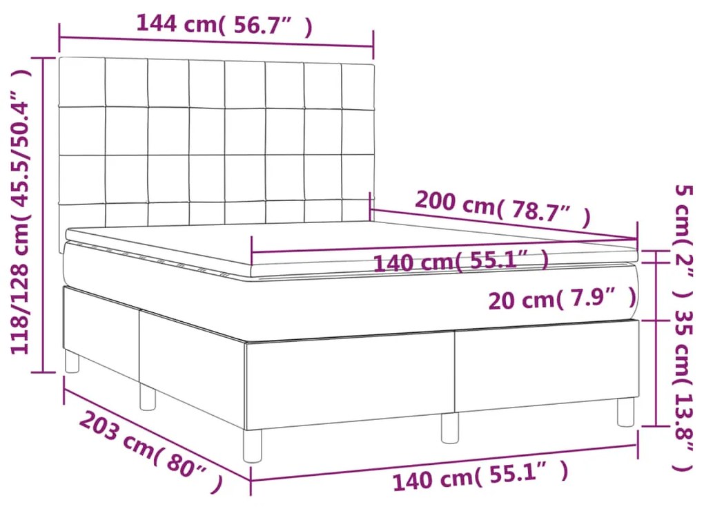 Letto a Molle con Materasso e LED Blu 140x200 cm in Tessuto