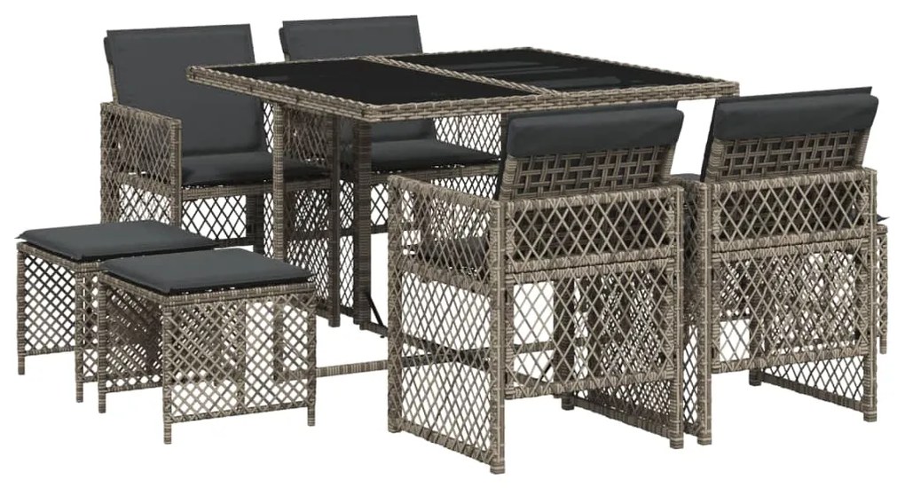 Set da pranzo da giardino 9 pz con cuscini in polyrattan grigio