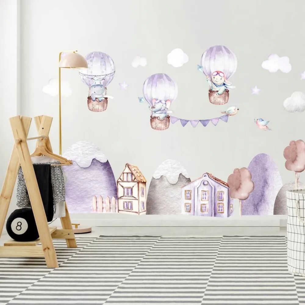 Adesivi murali per bambini - Colline viola con animali | Inspio