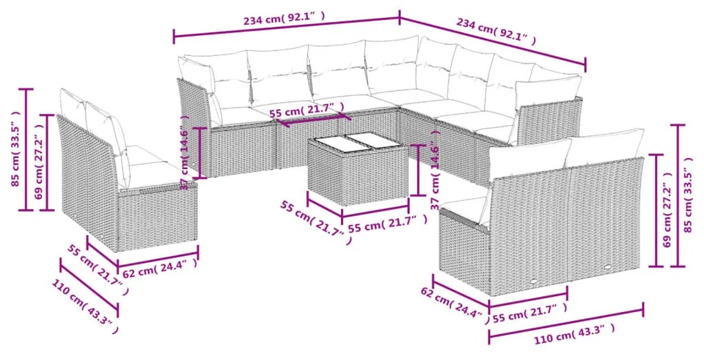 Set divano giardino 12 pz con cuscini grigio chiaro polyrattan