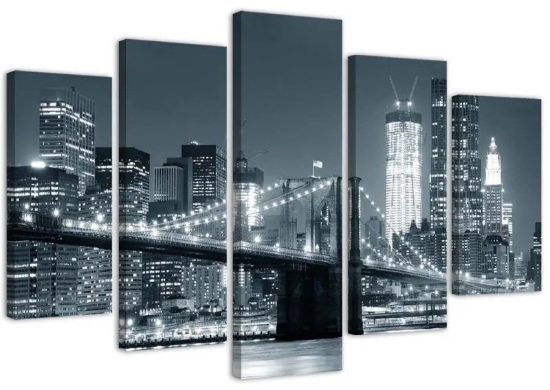 Quadro su tela 5 pannelli Ponte di New York in bianco e nero  Dimensioni 150x100