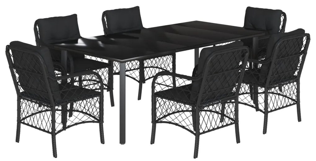 Set da Pranzo da Giardino 7 pz Nero con Cuscini in Polyrattan