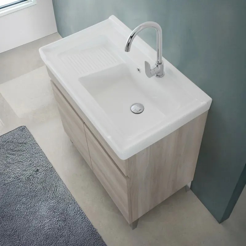 Mobile lavatoio 79x46,8 cm rovere grigio con vasca in ceramica bianca