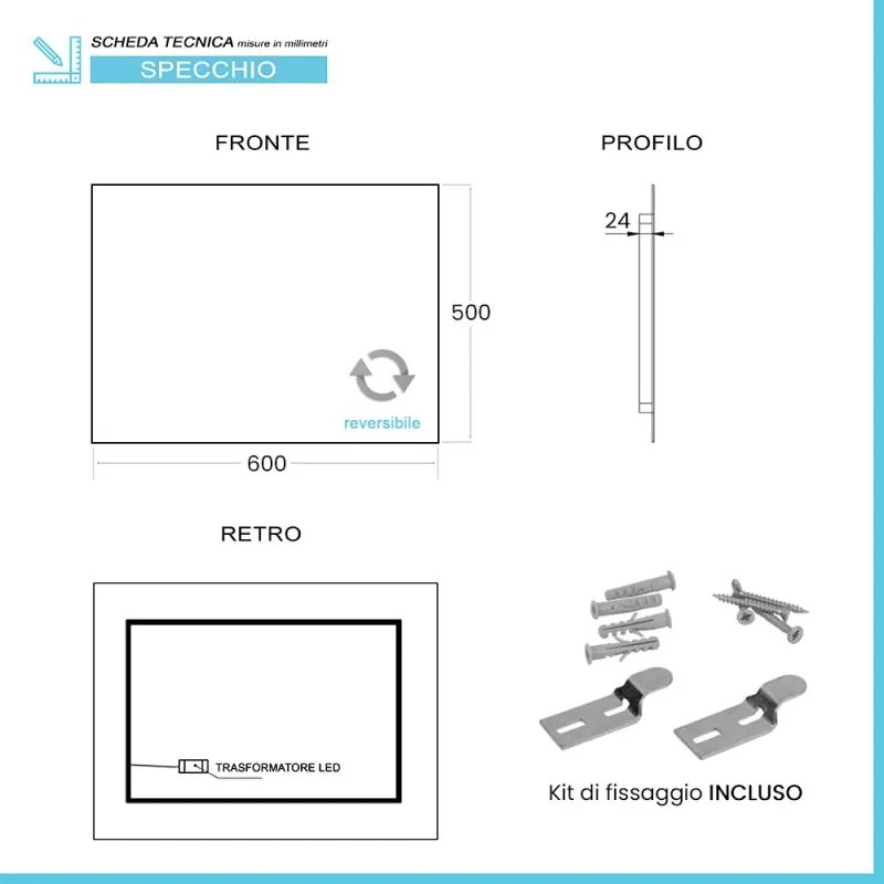 Specchio bagno 50x60 cm illuminazione perimetrale e installazione reversibile