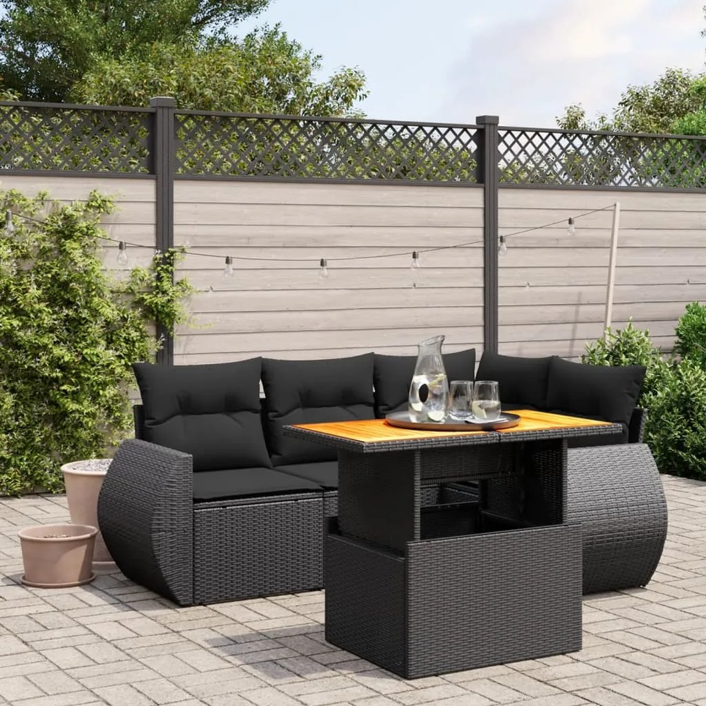 Set divani da giardino 5 pz con cuscini in polyrattan nero