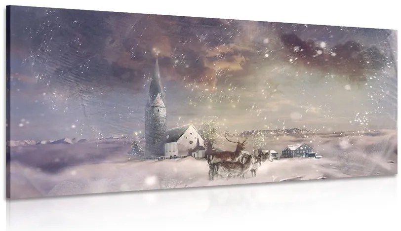 Quadro su tela – Cervo e caprioli nel villaggio innevato