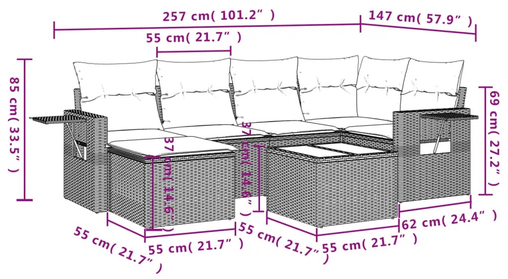 Set divani da giardino 7 pz con cuscini beige in polyrattan