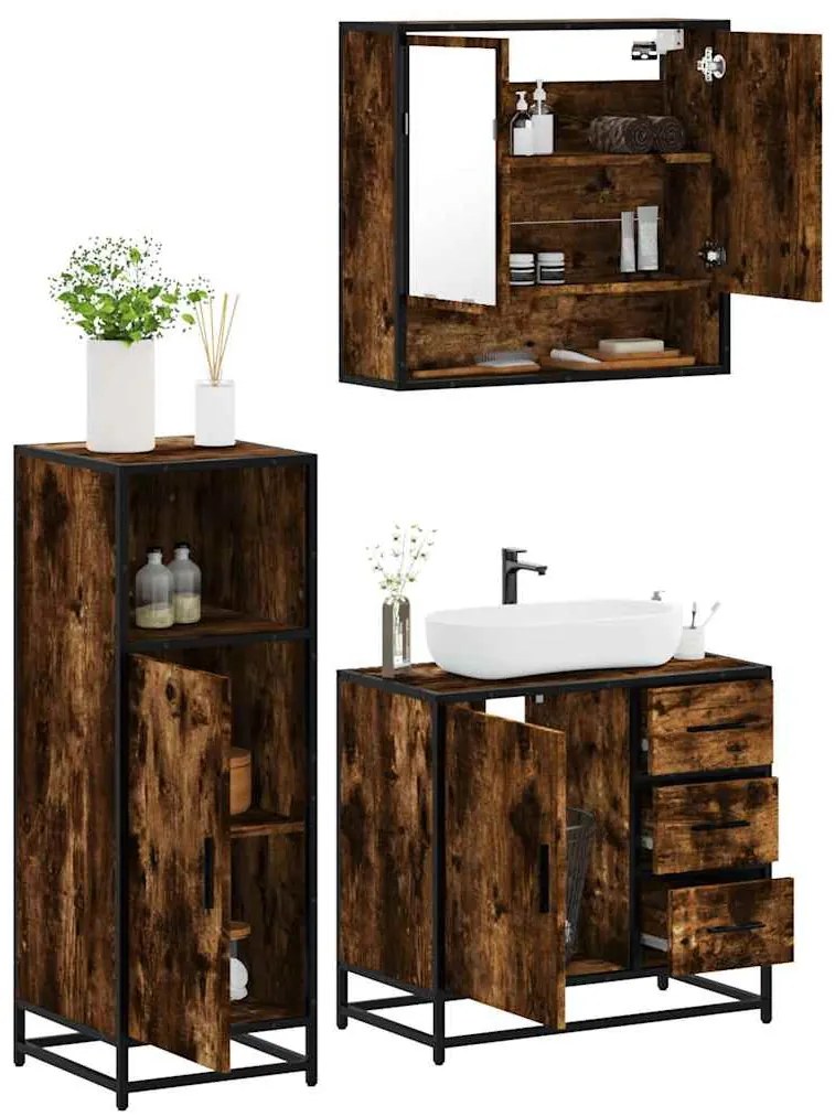 Set Mobili Da Bagno 3 Pz Rovere Fumo İn Legno Multistrato /