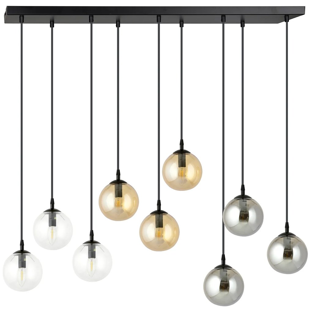 Sospensione Moderna 9 Luci Kali In Acciaio Nero E Sfere In Vetro Multicolor