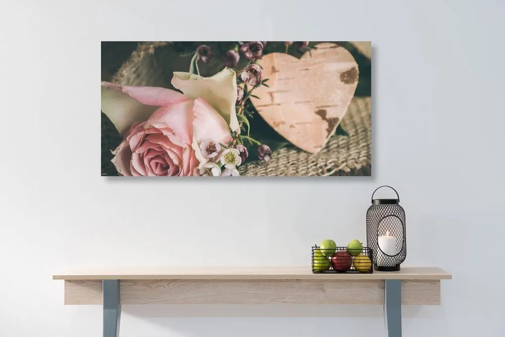 Quadro su tela – Rose e cuore in stile vintage