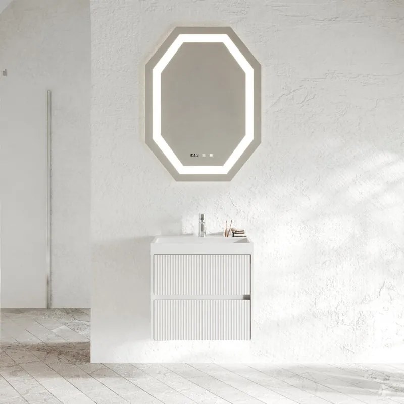Base sospesa Portofino 60 cm con lavabo e 2 cassetti bianco opaco cannettato