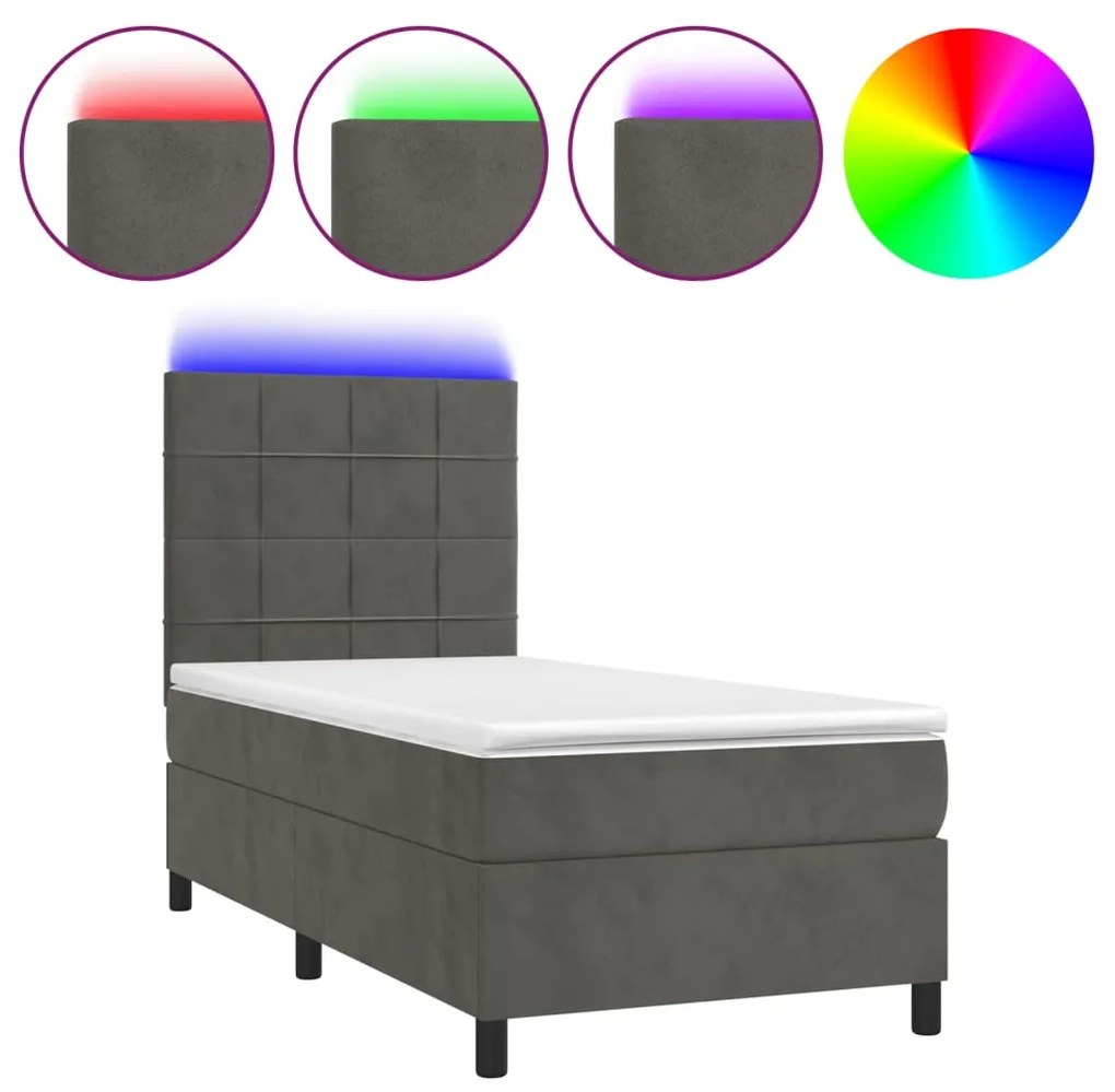 Letto a molle con materasso e led grigio scuro 100x200 cm