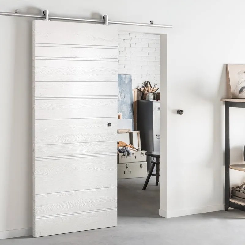 Porta scorrevole reversibile Mast Incisa in mdf bianco, L 93 x H 212 cm, con binario Ermes