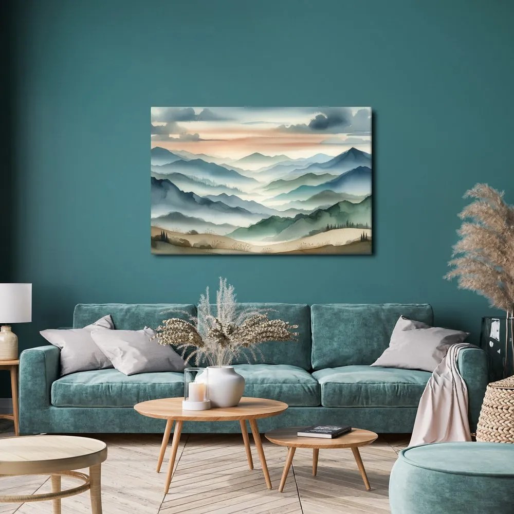 Quadro su tela – Montagne silenziose nella nebbia del mattino