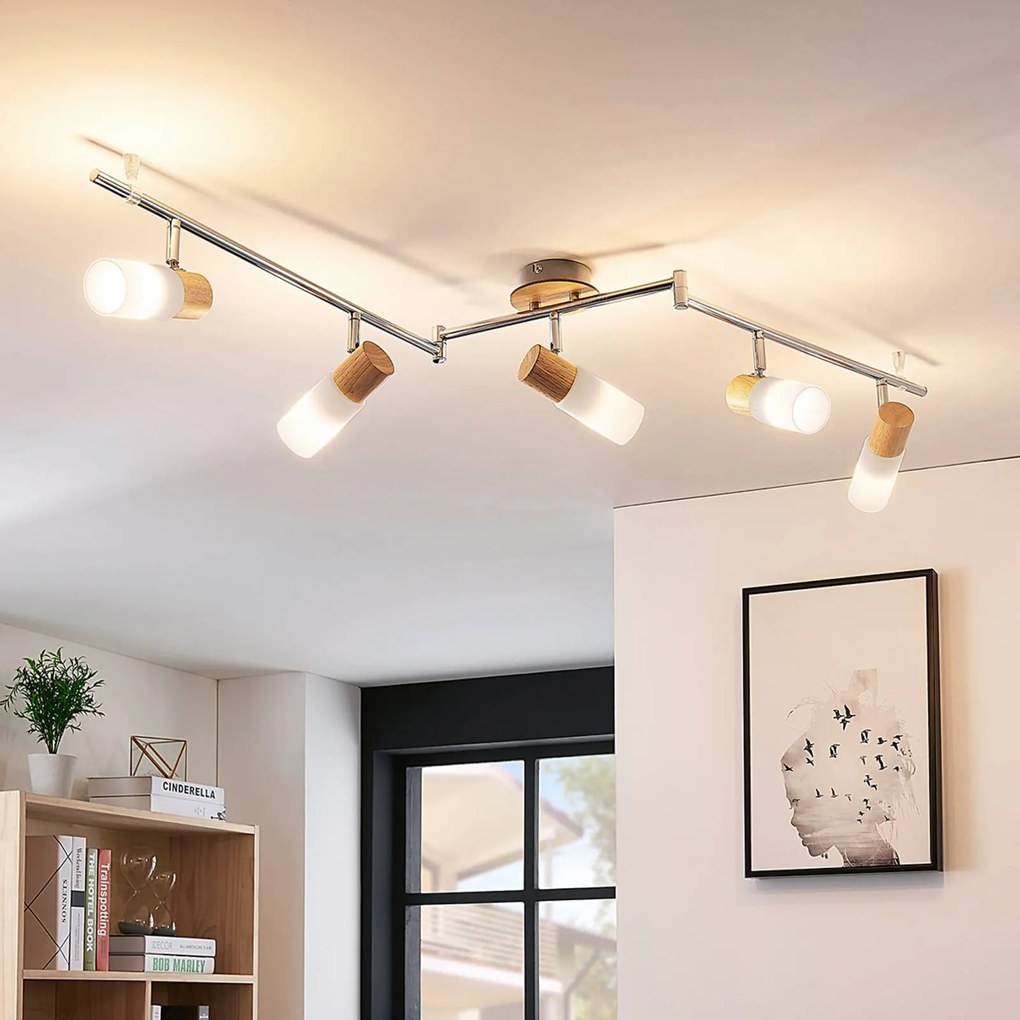 Lindby Faretto da soffitto Christoph, 130 cm, a 4 luci, legno, vetro