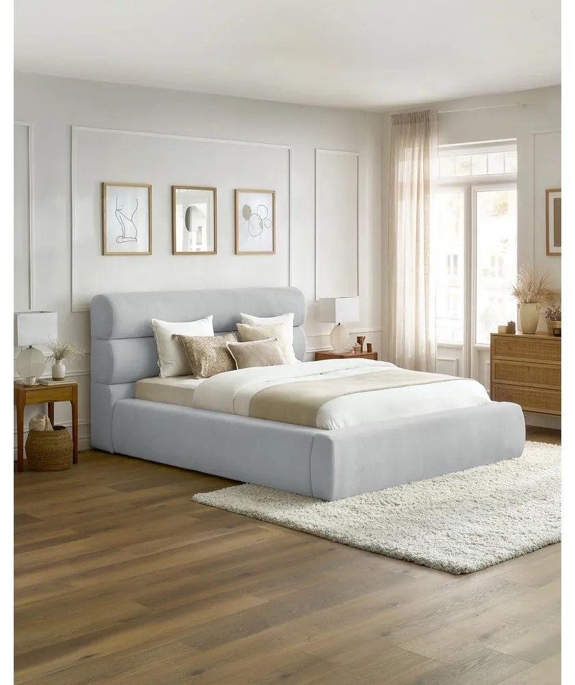 Letto matrimoniale imbottito grigio chiaro con contenitore con griglia 180x200 cm Jagna - Bobochic Paris