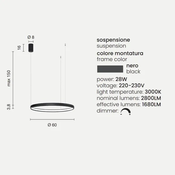 Lampada a sospensione con cerchio orizzontale in metallo Nero 60 cm NOVA