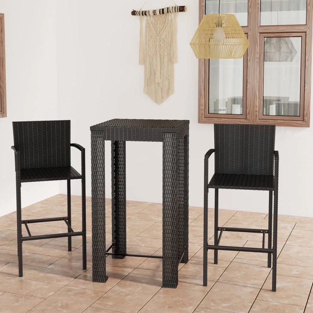Set Bar Da Giardino 3 Pz Con Braccioli İn Polyrattan Nero /