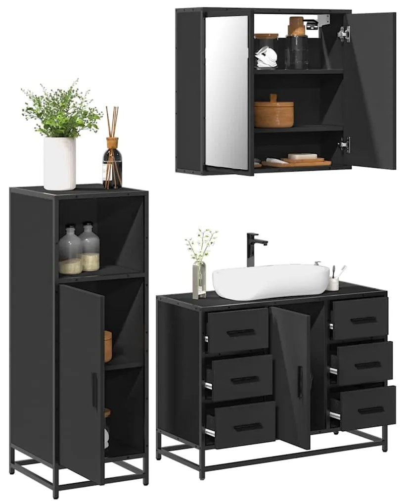 Set Mobili Da Bagno 3 Pz Nero İn Legno Multistrato /
