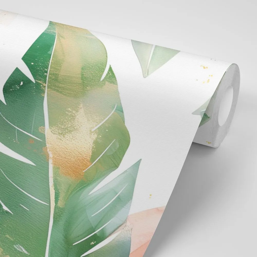 Carta da parati – Foglie acquerello verde-pesca