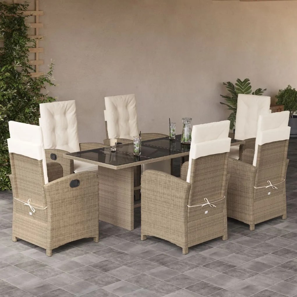 Set da pranzo da giardino 7 pz con cuscini beige in polyrattan