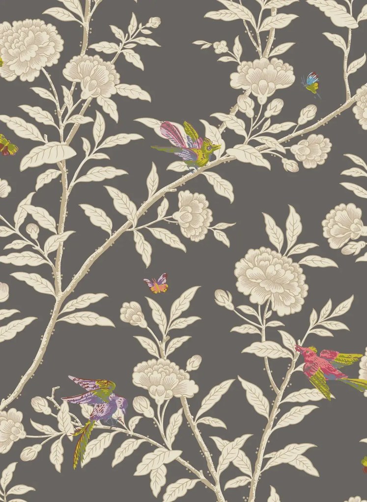 Cole & Son Carta da parati Roseberry with Birds - Soft Charcoal
