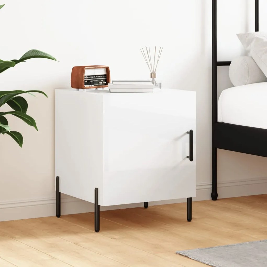 Comodino Bianco Lucido 40x40x50 Cm İn Legno Multistrato /
