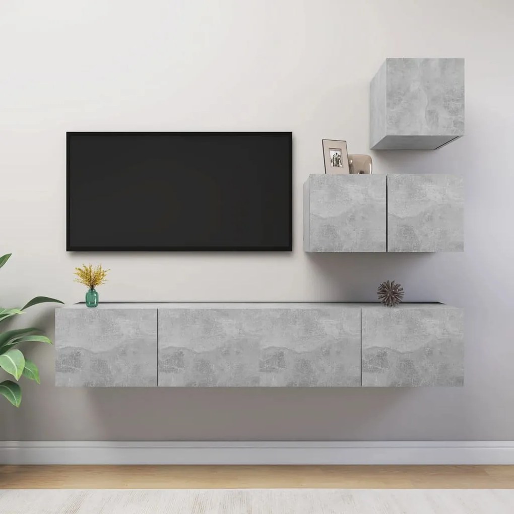 Set Di Mobili Porta Tv 4 Pz Grigio Cemento İn Legno Multistrato /