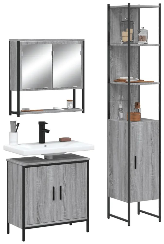 Set mobili da bagno 3 pz grigio sonoma in legno multistrato