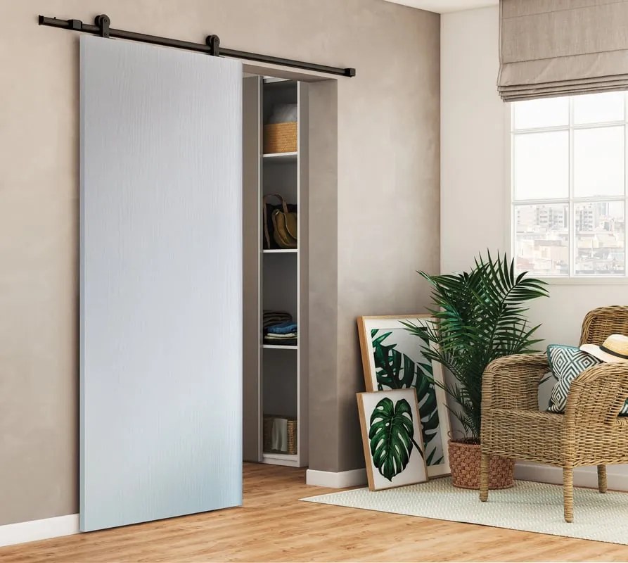 Porta scorrevole Renoir in mdf bianco, L 92.5 x H 215 cm, con binario Loft grigio Reversibile