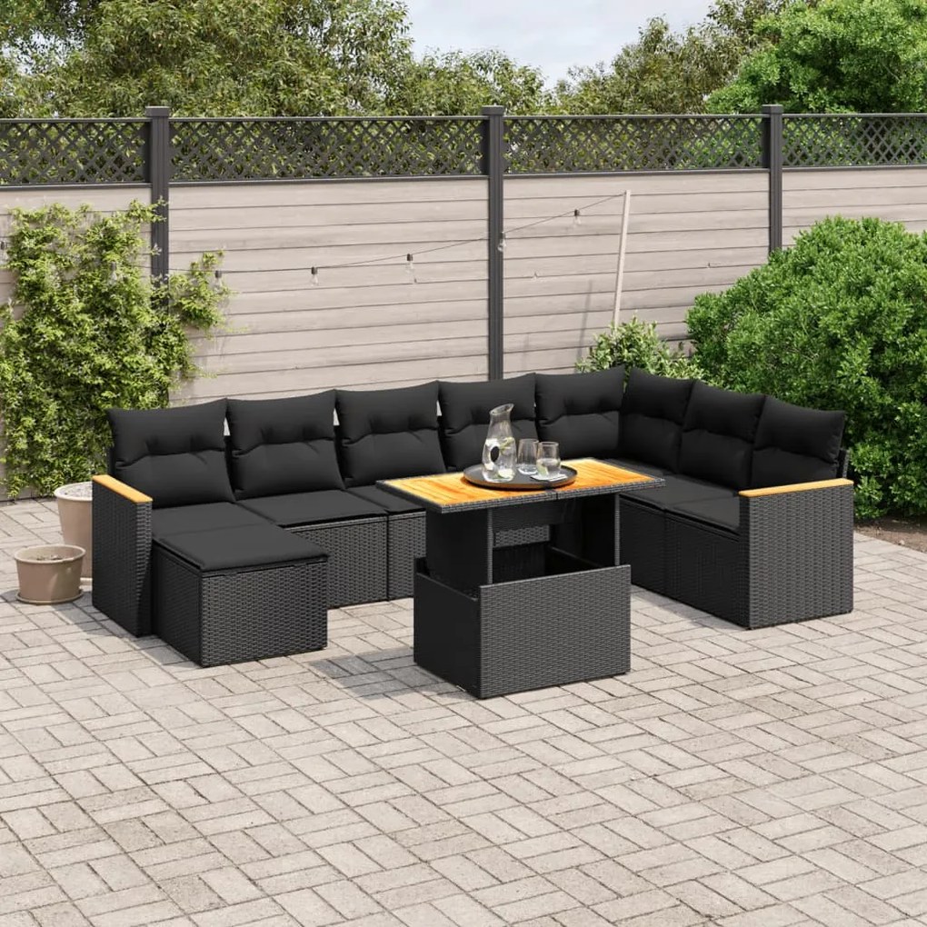 Set divani da giardino 9 pz con cuscini nero in polyrattan