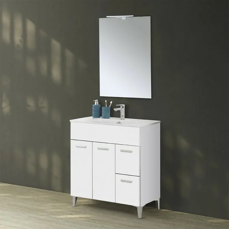 Mobiletto bagno da terra 80 bianco con lavabo e specchio LED Martha